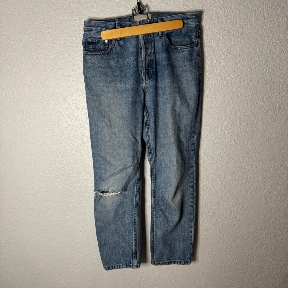 Everlane The Cheeky Jean Crop Button Fly High Waist Medium Wash Distressed 29x25